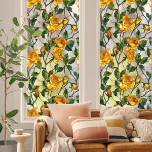 Film pour vitre en vitrail avec motif de roses jaunes, autocollant statique pour déco.