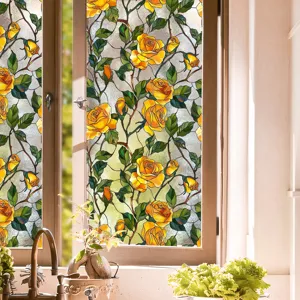 Film pour fenêtre en vitrail avec motif de roses jaunes, autocollant intimité déco maison