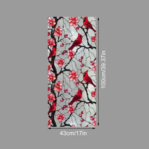 Film pour vitre décoratif motif oiseau rouge et fleurs, adhésif électrostatique, 100x43cm.