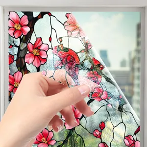 Film pour fenêtre en verre teinté avec motif floral, adhésif électrostatique repositionnable.