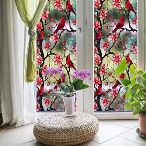 Film pour fenetre decoratif motif oiseau rouge et fleurs style vitrail pour intimite maison.