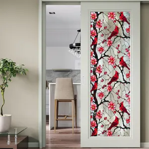 Film pour fenêtre en verre teinté avec motif d'oiseau rouge et de fleurs roses pour la décoration.