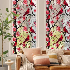 Film pour vitre motif cardinal et fleurs, autocollant de fenêtre statique décoration maison.