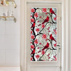 Film vitrage verre teinté cardinal rouge et fleurs, autocollant intimité électrostatique déco.