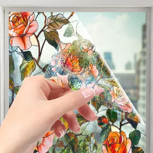 Film pour vitre décoratif motif rose vitrail autocollant électrostatique maison