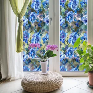 Film pour fenetre en vitrail rose bleue, autocollant statique decoratif intimite.