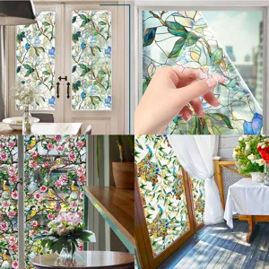 Autocollant de Fenêtre en Verre Électrostatique Décoratif pour la Maison Motif Fleurs et Oiseaux Film de Vitrail Étanche Film de Confidentialité