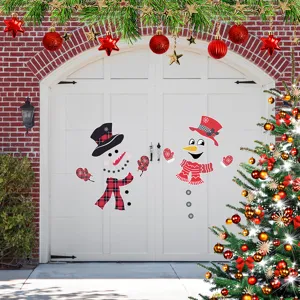 Christmas magnetic garage door sticker scene, cute snowman decor for holiday party.