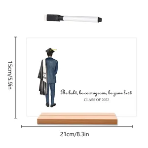 Acryl afstuderen tafelbord houten basis met uitwisbare marker, 15x21cm bureau decor.