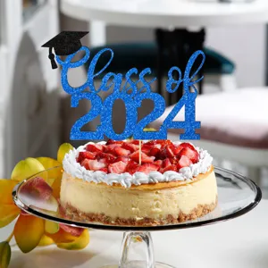 Blue glitter Class of 2024 graduation cake topper, perfect for party and celebration decor.