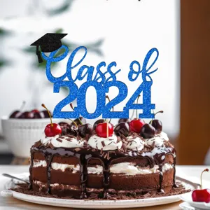 Blue glitter Class of 2024 graduation cake topper detail view for party celebration decor.