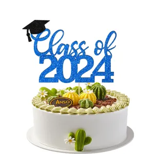 Blue glitter Class of 2024 graduation cake topper detail showing sparkling finish and cap.