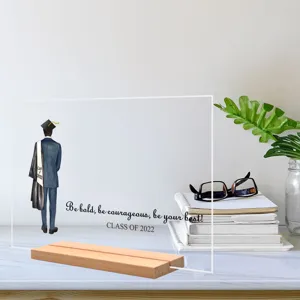 Acryl afstuderen tafel plaquette met houten basis voor prachtige bureau decoratie.