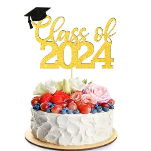 Gold glitter Class of 2024 graduation cake topper, ideal for party celebration decoration.