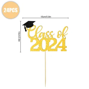 Graduation cake topper gold glitter class of 2024 party cupcake decoration 24pcs