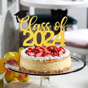 Gold glitter Class of 2024 graduation cake topper detail view for party decoration