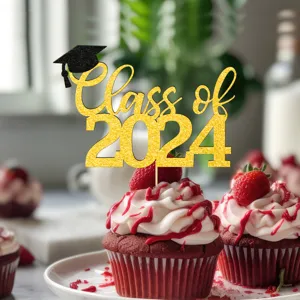 Graduation party cake topper gold glitter Class of 2024 decorative cupcake topper dessert decor