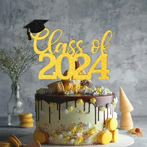 Gold glitter Class of 2024 graduation cake topper, perfect for grad party celebration decor.