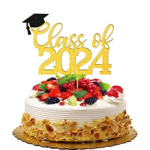 Gold glitter Class of 2024 graduation cake topper with mortarboard cap for party decorations.