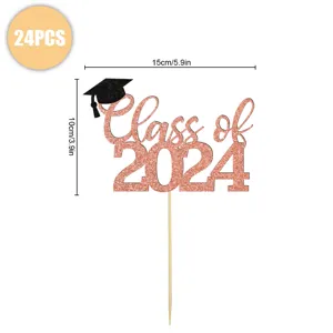 Glitter rose gold Class of 2024 graduation cake topper detail view with size and quantity.