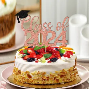 Rose gold glitter Class of 2024 graduation cake topper for party decoration supplies.