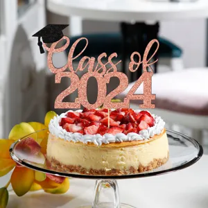 Rose gold glitter Class of 2024 graduation cake topper for party celebration decoration.