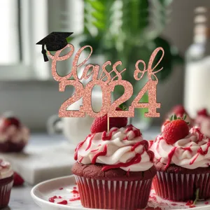 Rose gold glitter Class of 2024 graduation cake topper cupcake decorations for party celebration.