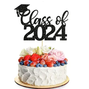 Graduation cake topper 2024 black glitter paper cap design for party cake decoration supplies