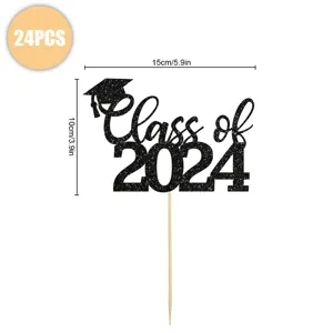 Black glitter Class of 2024 graduation cake topper, 15x10cm party decoration 24pcs.