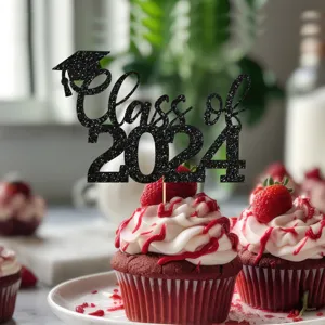 Graduation cake topper 2024 black glitter paper cupcake decoration party supplies