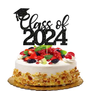 Graduation cake topper glitter black Class of 2024 party dessert decoration for celebration.