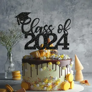 Black glitter Class of 2024 graduation cake topper detail, party dessert decor showcase.