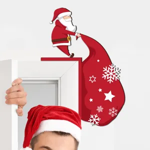 Detailed view of wooden Christmas Santa Claus door corner sticker for holiday home wall decor.