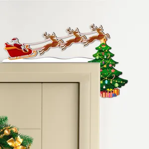 Close-up detail showing the 3D wooden Santa Claus and reindeer door corner sticker in use.