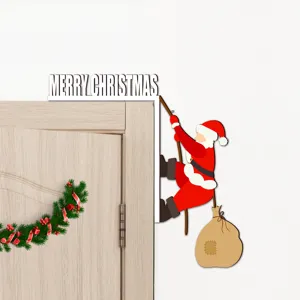 Wooden Christmas door corner sign featuring Santa Claus climbing, perfect for holiday decor.