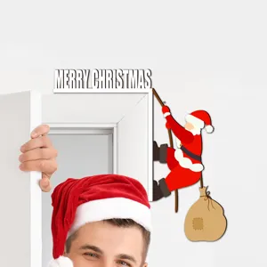 Wooden Christmas Santa door corner decoration detail view, festive wall sticker for home.