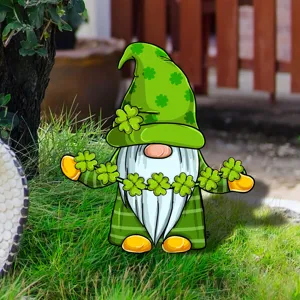 St. Patrick's Day acrylic gnome yard stake with clover hat for outdoor garden and lawn decor.