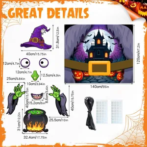 Halloween trunk decoration details view showing witch hat eyes cauldron and size dimensions.