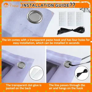 Halloween garage door banner installation guide detail image showing hooks ropes and eyelet details