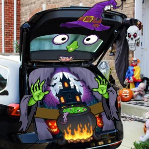 Halloween car trunk decoration banner showing witch and spooky castle scene for party.