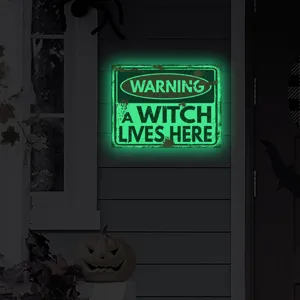 Halloween glowing warning sign wall decor sticker, witch theme phosphorescent plaque for holiday party.