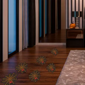 Halloween spider web floor stickers detail scene showing decorative spooky decals for party.