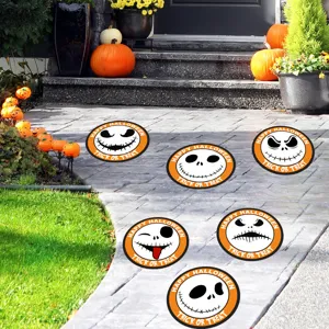 Halloween floor stickers scene display with spooky Jack faces for party decor.
