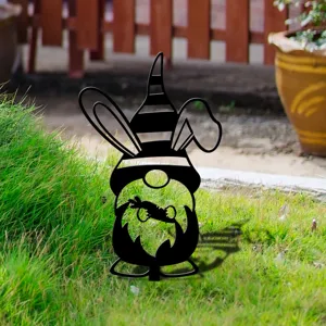 Piquet de jardin silhouette de lapin de gnome de Paques decoration exterieure en metal