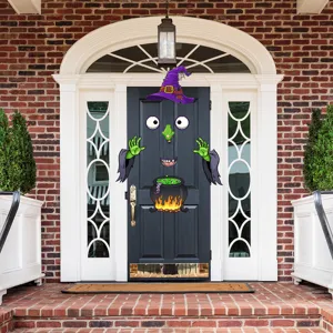 Halloween door sticker scene detail, spooky witch decoration setup for home entrance.