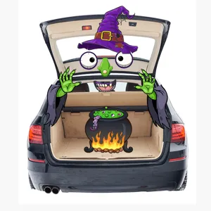 Halloween car trunk sticker detail, funny witch cauldron design for holiday party decor.