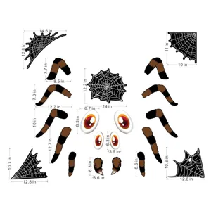 Set decorativo di adesivi per ragno per bagagliaio d'auto di Halloween con dimensioni dettagliate.