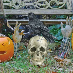 Estaca de jardín Halloween calavera cuervo retro decoración para fiesta espeluznante al aire libre.