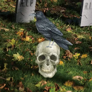 Detalle estaca de jardín calavera cuervo Halloween, decoración esqueleto retro para fiesta