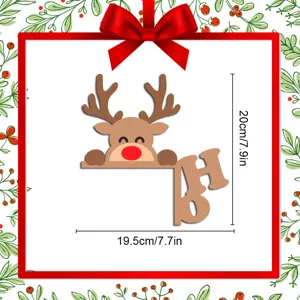 Wooden Christmas reindeer door corner decoration with festive design and dimensions indicator.